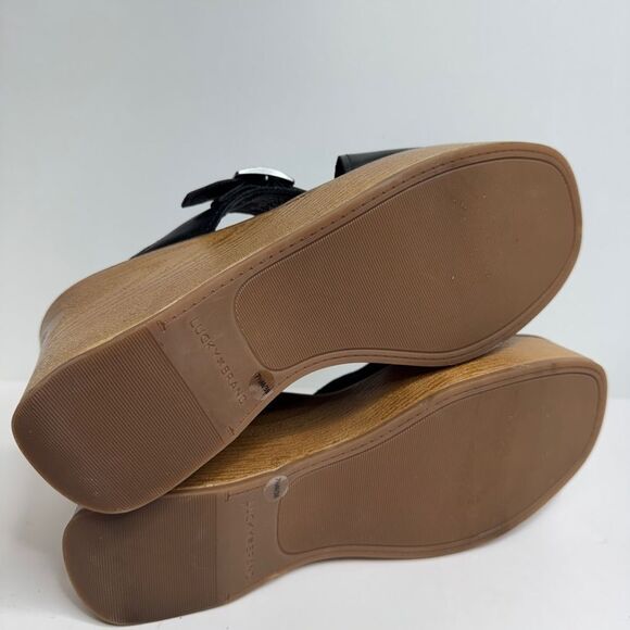 Lucky Brand Sandals Size 7.5 Black Wedge Leather Open Toe‎ Slingback - Picture 9 of 9